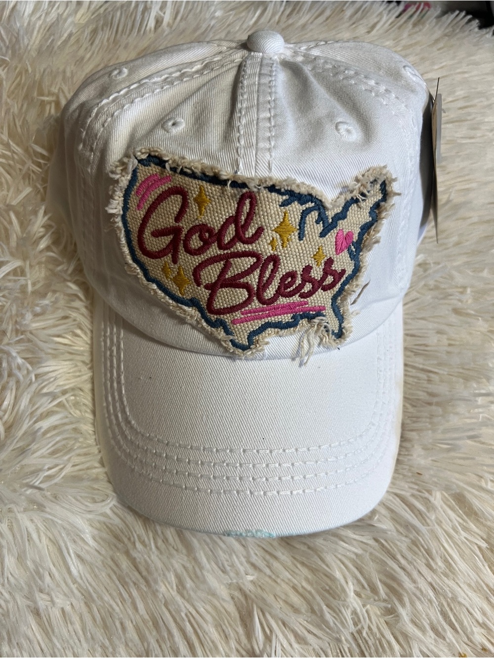 God Bless Embroidered Patch White Baseball Cap